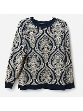 Lands End Navy Damask Velvet Print Sweatshirt Size L Tall